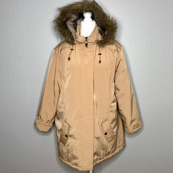 tan coat with fur hood